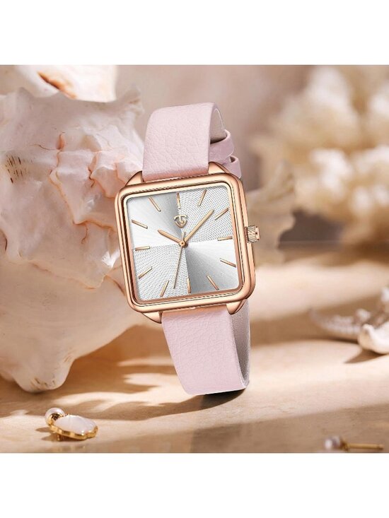 Women\'s Pink White Square Leather Vintage Elegant Waterproof Quartz Wrist Watch main image 6